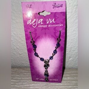 Silver Tone & purple Bead Necklace With Flower & Rhinestone Drop 18” adjustable